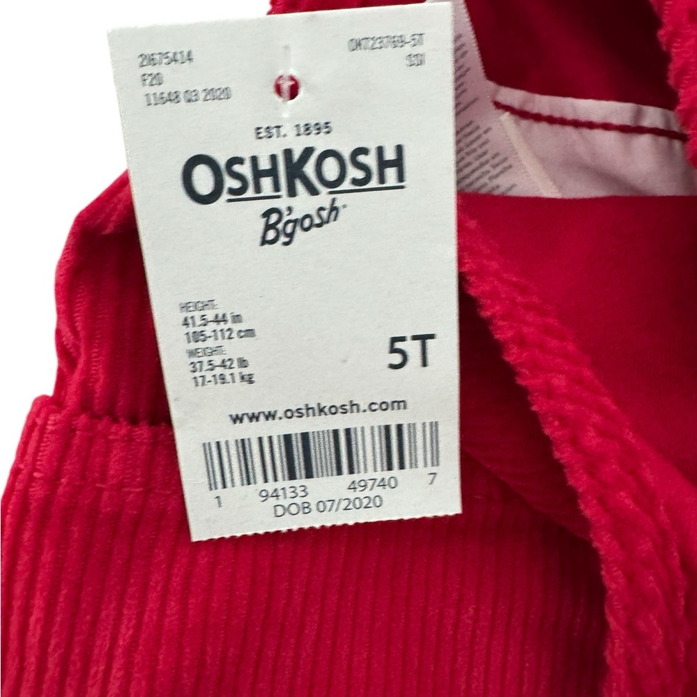 OshKosh B’gosh Red Corduroy Vestbak Overalls 5T NWT Classic Unisex Holiday - Picture 6 of 8